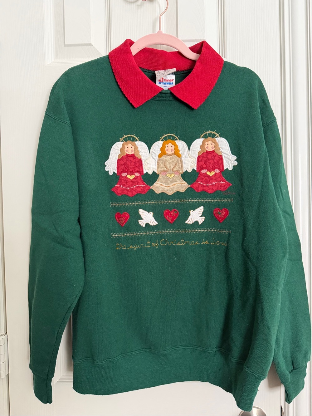 Vintage Valerie Folk Art Christmas Sweatshirt Angels Collar Hanes L Appliqué